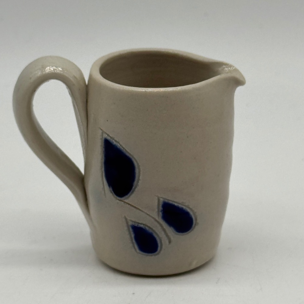 Vintage Salt Glazed Stoneware Mini Pitcher Creamer Cobalt Blue Leaf Hand Thrown